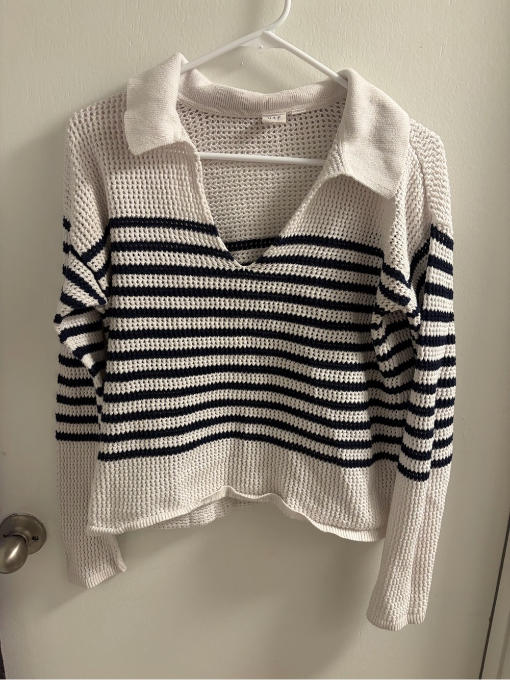 GAP White & Navy Striped Polo Collar Sweater